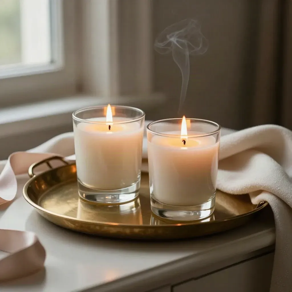 Two soy candles with brass tray and cashmere on a console, one lit with soft smoke.