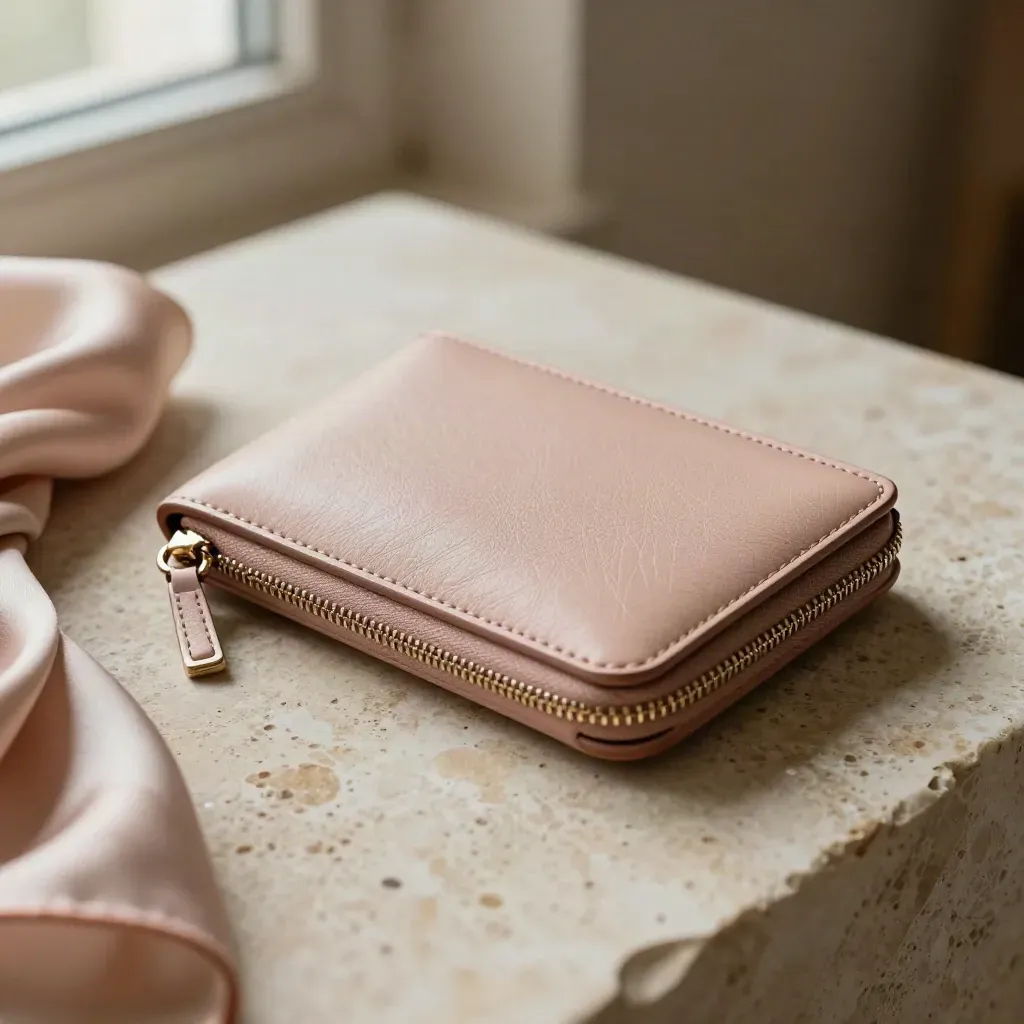 Blush leather zip wallet beside scarf and coin pouch on travertine in soft mist.