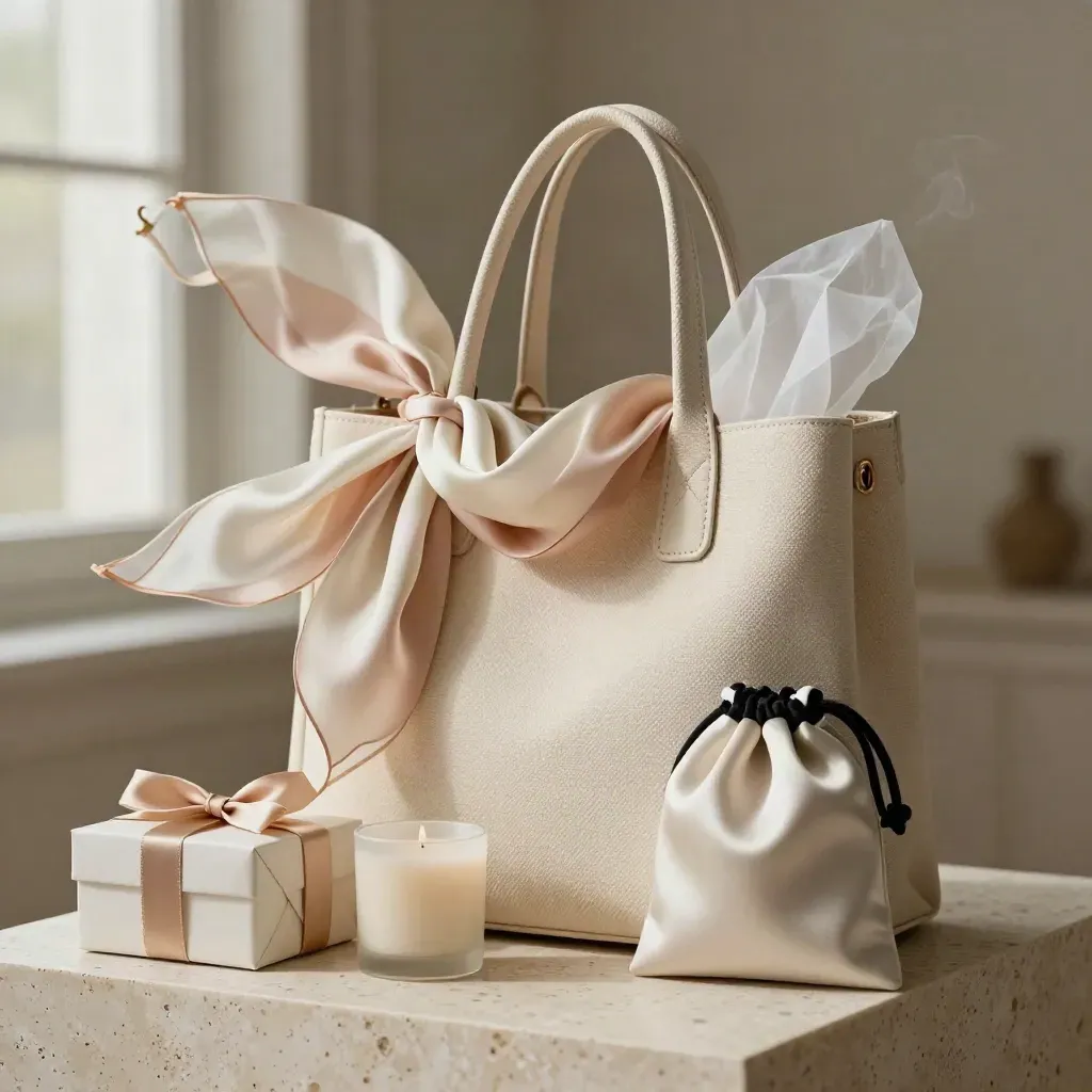 Luxury tote, silk scarf, candle, pouch, and ribboned gift box on travertine.