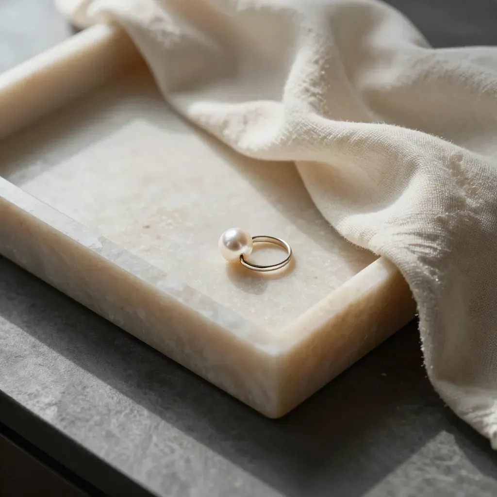 Macro of an opal vanity tray with pearl, ring, and folded linen in cool misty light.