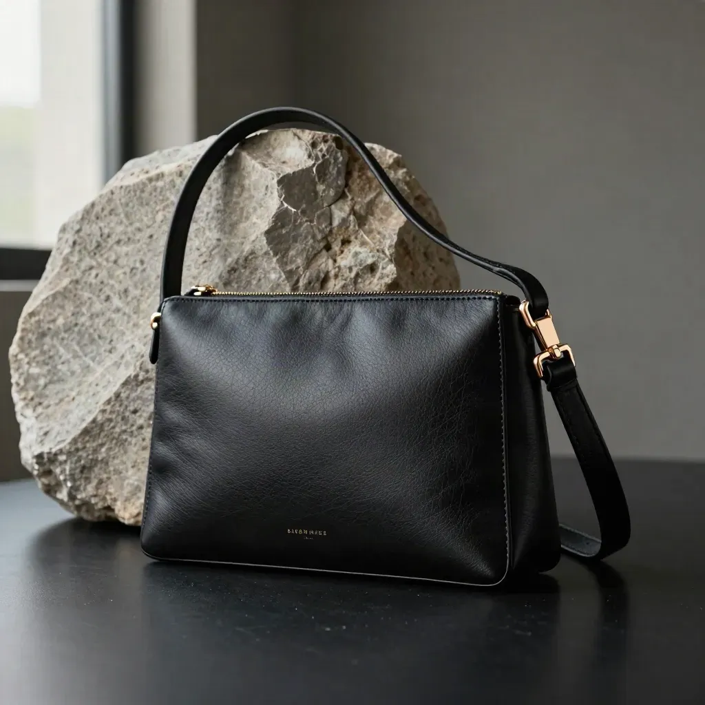 Black leather crossbody pouch on stone with champagne-gold hardware in dramatic studio light