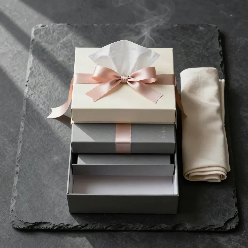 Overhead flatlay of nested luxury gift boxes with tissue, ribbon, and cloth on stone.