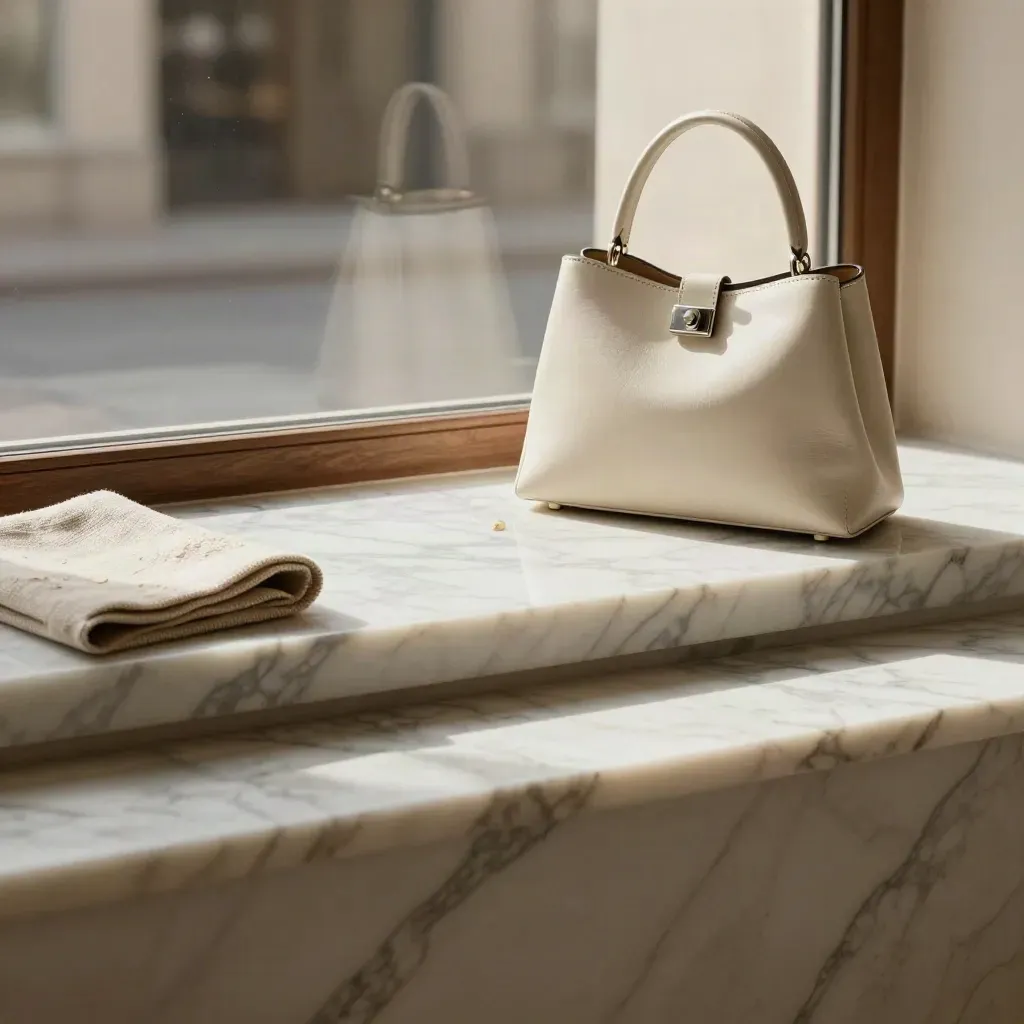 Sunlit marble ledge with linen and ivory handbag in a quiet boutique window.