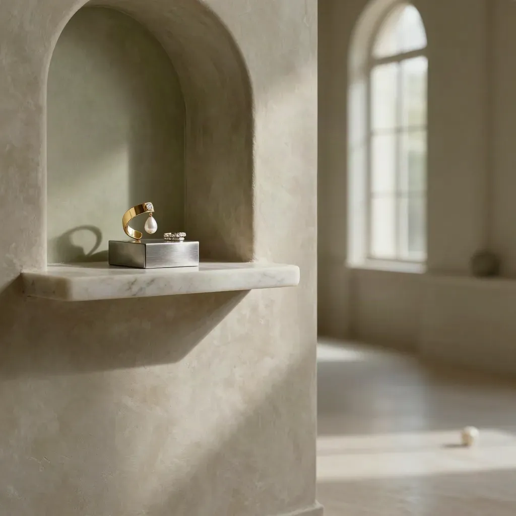 Arched plaster niche with alabaster shelf and gold jewelry in soft sunlit stone interior